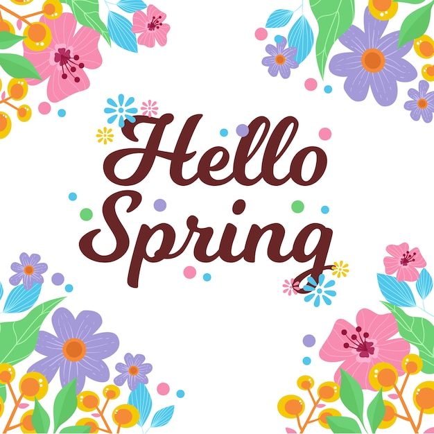 Vettore gratuito ciao primavera lettering con fiori colorati disegnati
