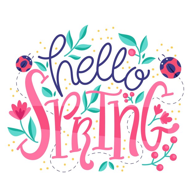 Hello spring lettering with drawn flowers