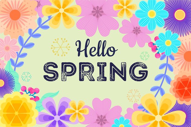 Free vector hello spring lettering with floral frame background