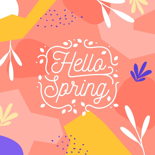 Hello spring lettering with leaves