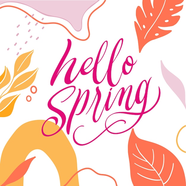 Ciao primavera lettering con foglie