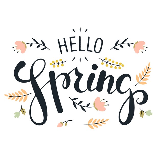 Hello spring lettering with minimalist leaves