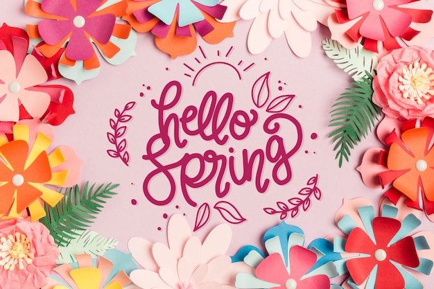 Free vector hello spring lettering with photo