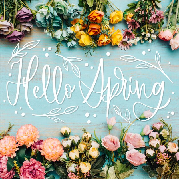 Hello spring lettering with realistic flowers