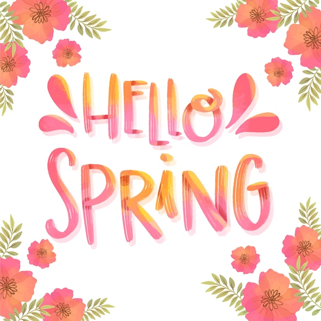 Hello spring lettering with red flowers