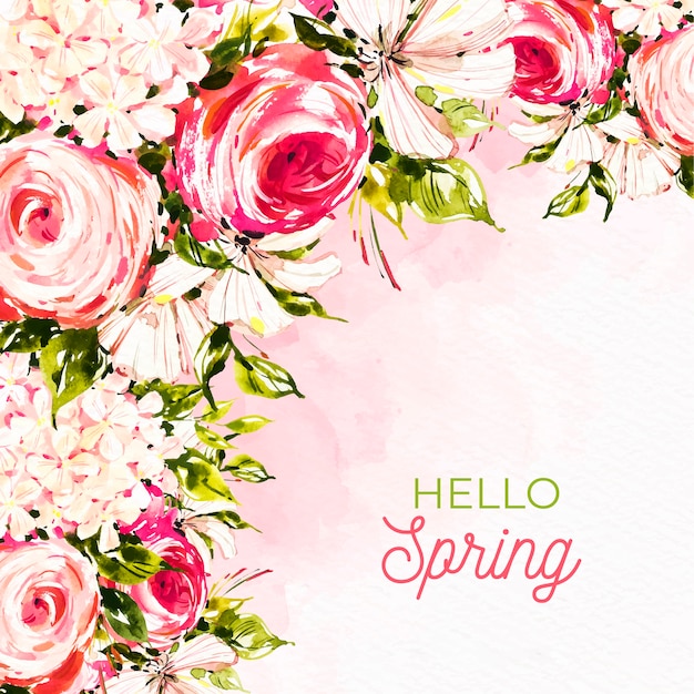 Hello spring lettering with red watercolor roses