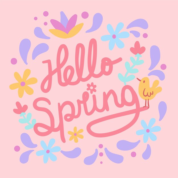 Hello spring lettering with yellow bird and flowers