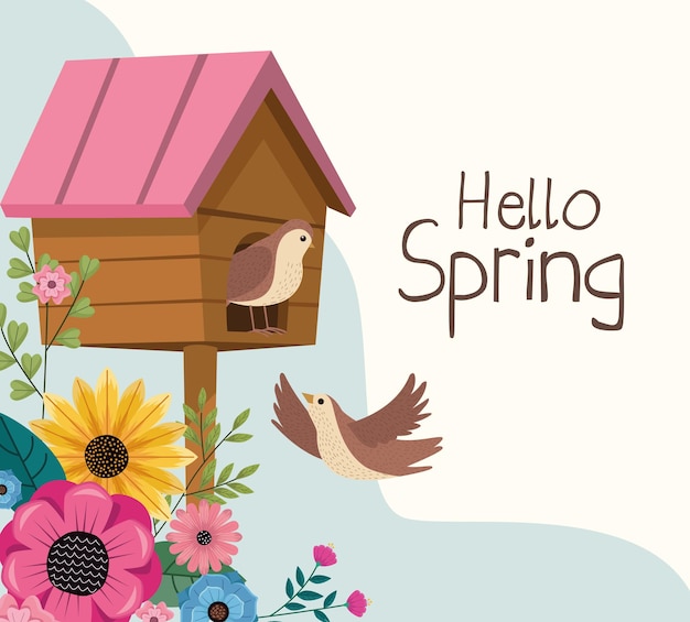 Free vector hello spring scene with birdhouse
