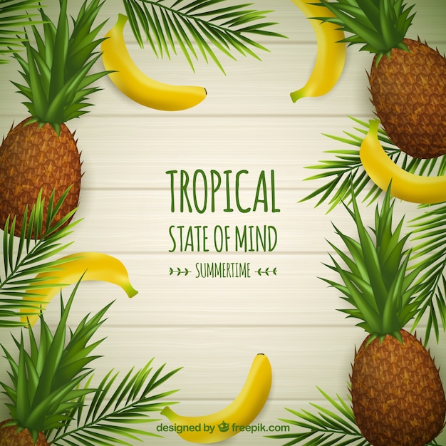 Hello summer background with bananas and pineapplesin realistic style