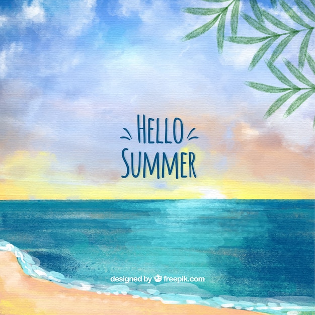 Привет летом фоне с видом на пляж в стиле акварели