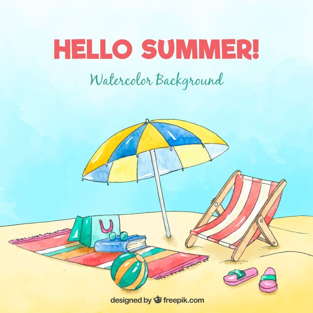 Free Vector hello summer background with beach in watercolot style