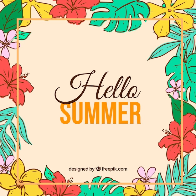 Hello summer background with colorful plants and flowers