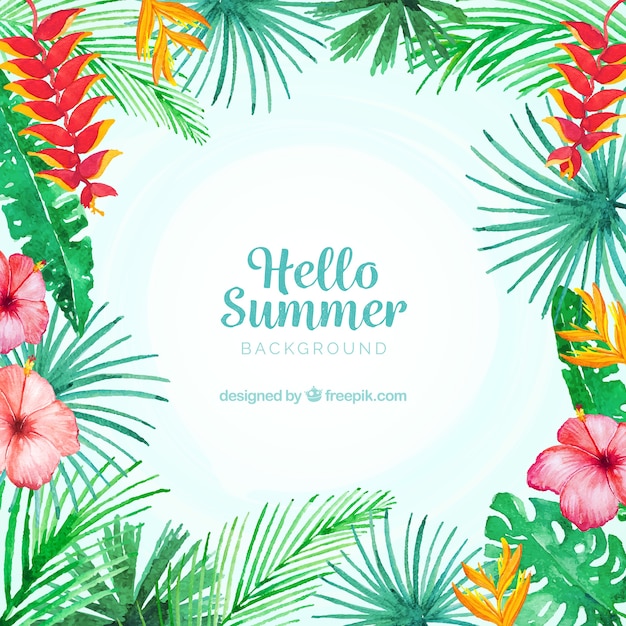 Hello summer background with colorful plants in watercolor style