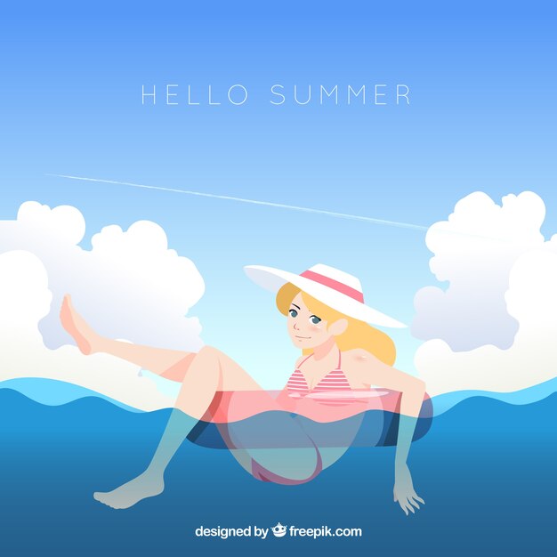 Hello summer background with cute girl