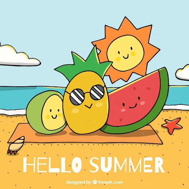 Free Vector hello summer background with delicious and fresh fruits