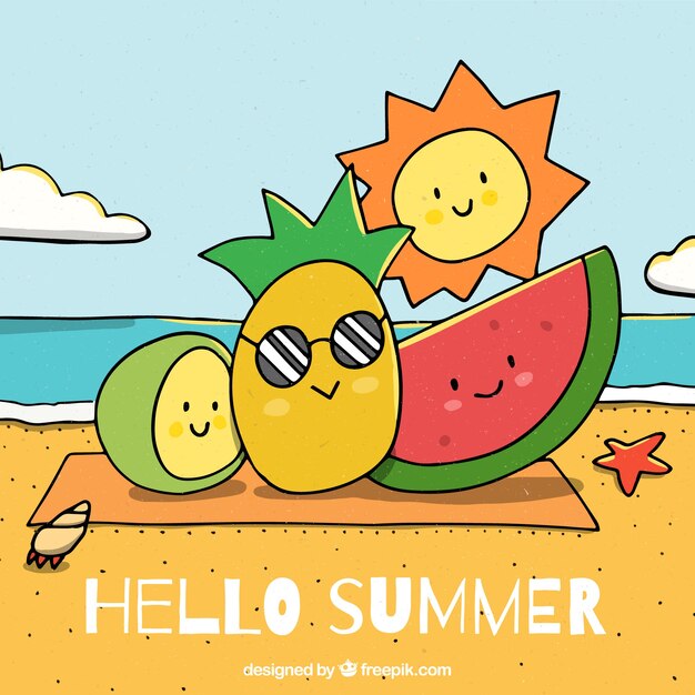 Hello summer background with delicious and fresh fruits