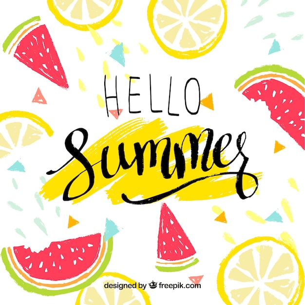 Hello summer background with delicious and fresh fruits