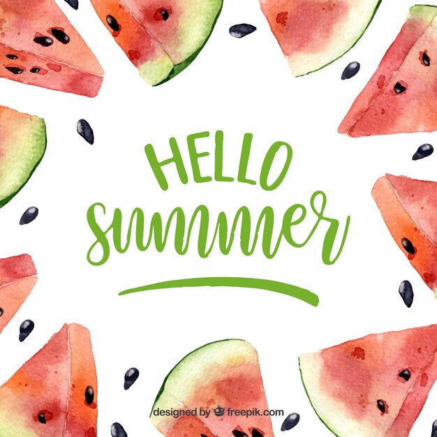 수채화 스타일의 맛있는 수박과 안녕하세요 여름 배경