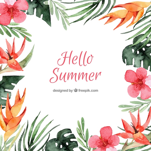 Привет летом фон с различными типами цветов в акварельном стиле