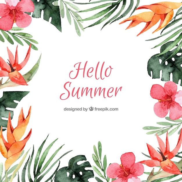 Hello summer background with different types of flowers in watercolor style