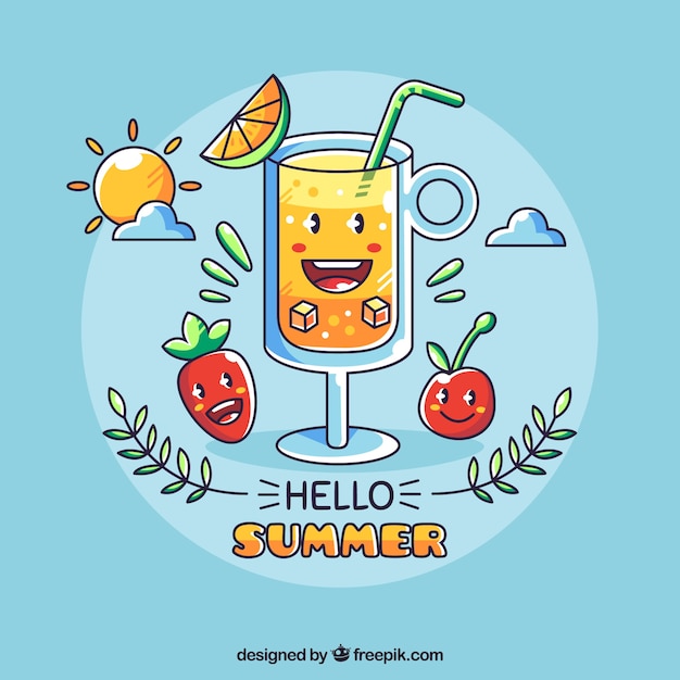 Привет, лето фон с напитками мультфильм и фрукты