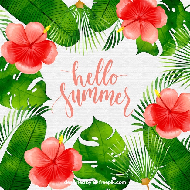 Hello summer background with flowers and plants in watercolor style