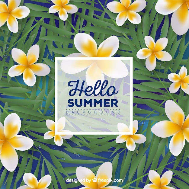 Hello summer background with flowers in realistic style