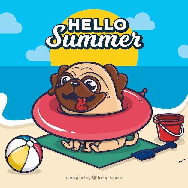 Free vector hello summer background with funny dog on a float