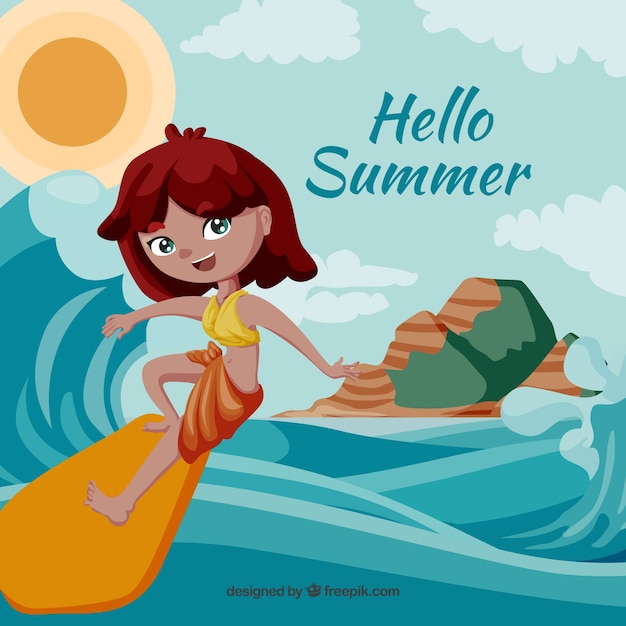 Vettore gratuito ciao estate sfondo con ragazza surf