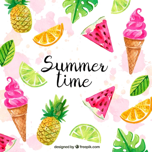 Hello summer background with ice creams and fruits in watercolor style