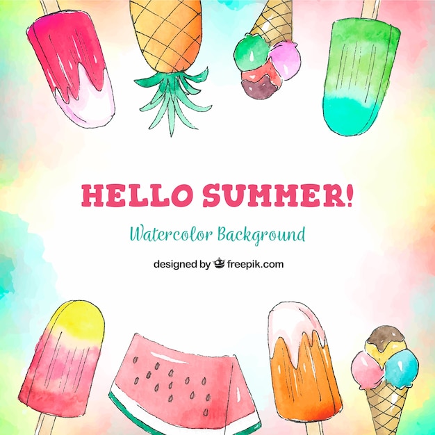 Hello summer background with ice creams and fruits in watercolor style