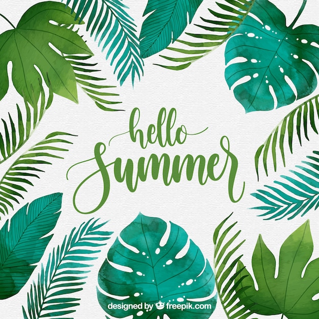 Free vector hello summer background with plants in watercolor style