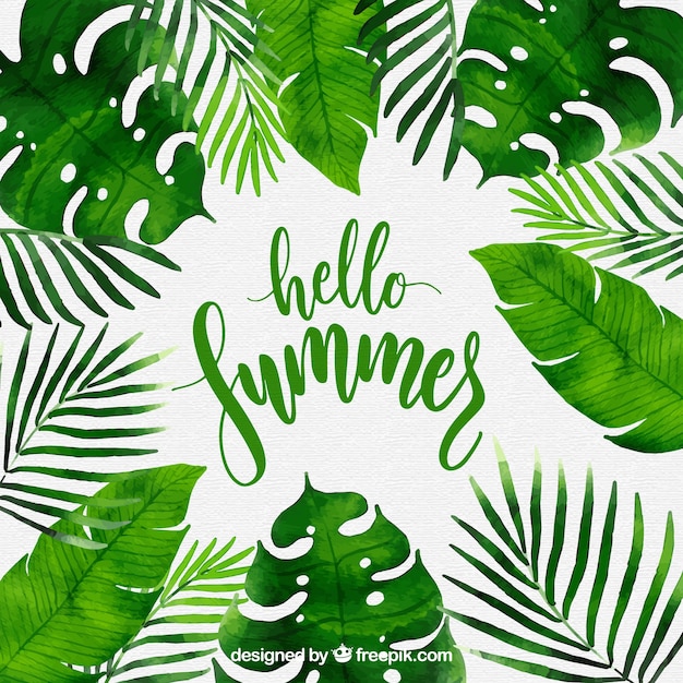 Hello summer background with plants in watercolor style