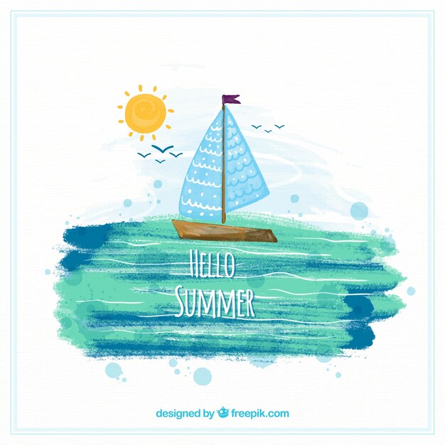 Hello summer background with sailboat in watercolor style