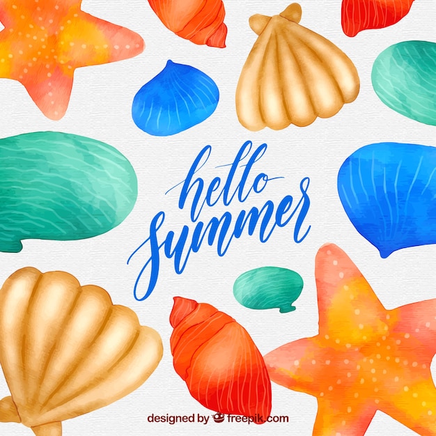 Hello summer background with sea shells in watercolor style