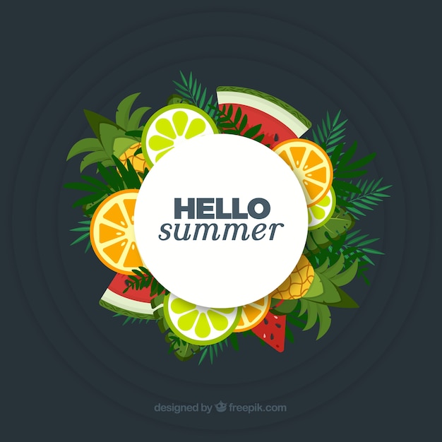 Hello summer background with tropical fruits