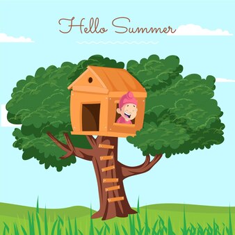 壊れた木製の梯子 美しい夏の風景の屋根の上のクモの巣の穴と古い樹上の家 無料のベクター 壊れた木製の梯子 美しい夏の風景の屋根の上のクモの巣の穴と古い樹上の家 無料のベクター