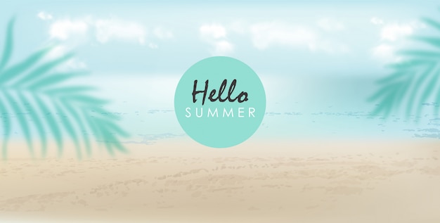 Hello summer banner with beach, sea and palm leaves. Cloudy day with breeze