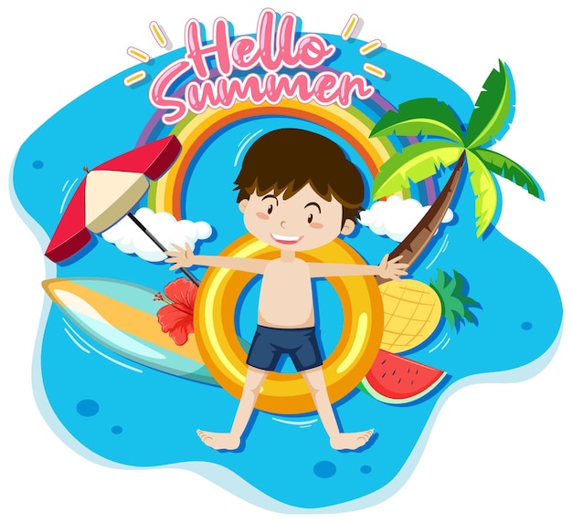 Free vector hello summer banner with a boy laying on swimming ring isolated