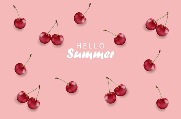 Hello summer banner with cherry fruits and rose background