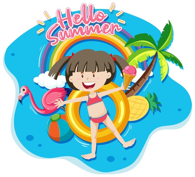 Hello summer banner with a girl laying on swimming ring isolated