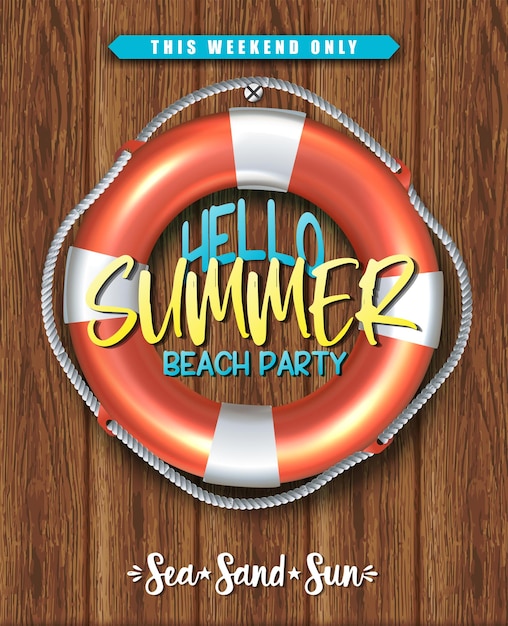 こんにちは夏、木製の壁にライフサークルとビーチパーティーのポスター