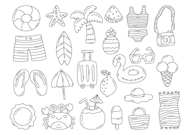 Hello summer black and white line icons isolated on white background