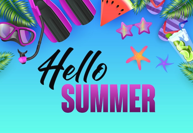 Hello summer bright poster design. starfish