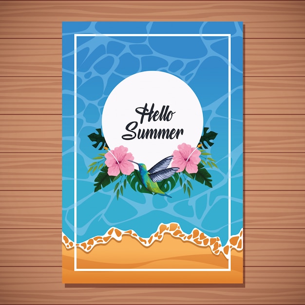 Hello summer card on wooden background