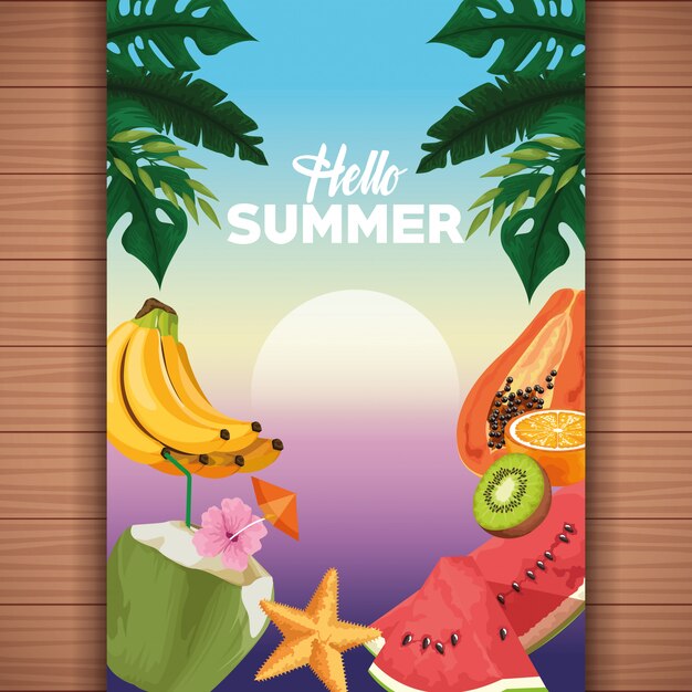 Hello summer card on wooden background