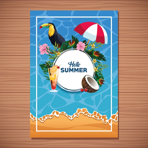 Free vector hello summer card on wooden background