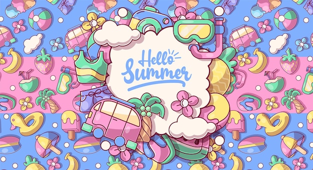 こんにちは夏のコレクションフラミンゴアイスクリームパームツリーサングラスサボテンサーフボードパイナップルやスイカなどのカラフルな面白い落書き夏のシンボルのベクトルイラスト