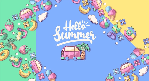 Collezione hello summer illustrazione vettoriale di simboli estivi colorati e divertenti come il fenicottero gelato palma occhiali da sole cactus tavola da surf ananas e anguria