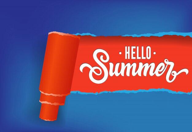 Hello summer creative banner в красных и синих тонах. Рукописный текст